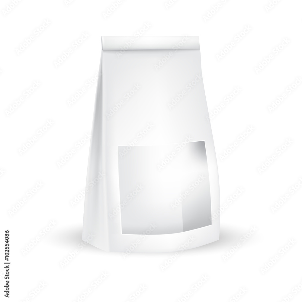 VECTOR PACKAGING: White gray packaging bag with front window for snack or take away on isolated white background. Mock-up template ready for design VECTOR PACKAGING: White gray packaging bag with front window for snack or take away on isolated white background. Mock-up template ready for design