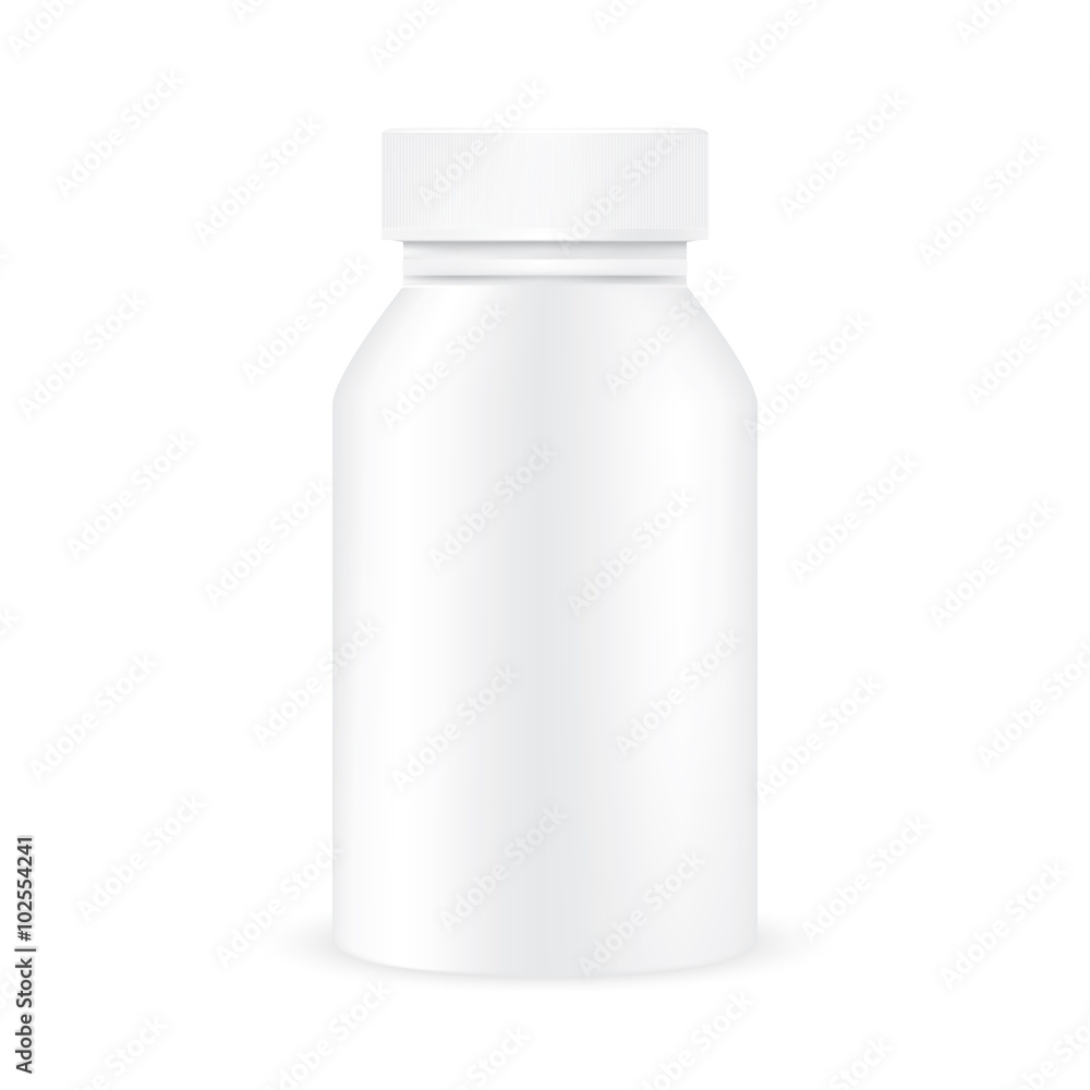 VECTOR PACKAGING: White gray closed plastic medicine bottle on isolated white background. Mock-up template ready for design .