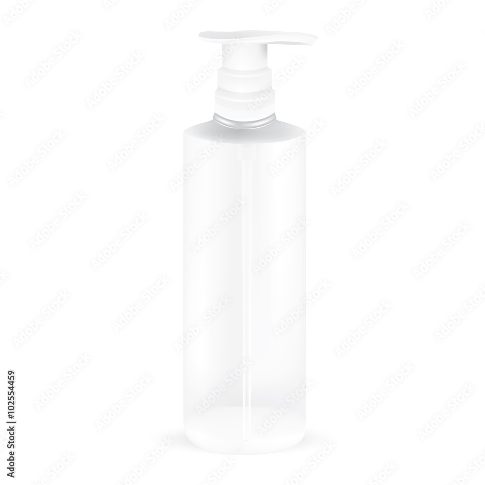 VECTOR PACKAGING: White gray slim transparent round bottle with pump cap for cosmetic/perfume on isolated white background. Mock-up template ready for design. VECTOR PACKAGING: White gray slim transparent round bottle with pump cap for cosmetic/perfume on isolated white background. Mock-up template ready for design.