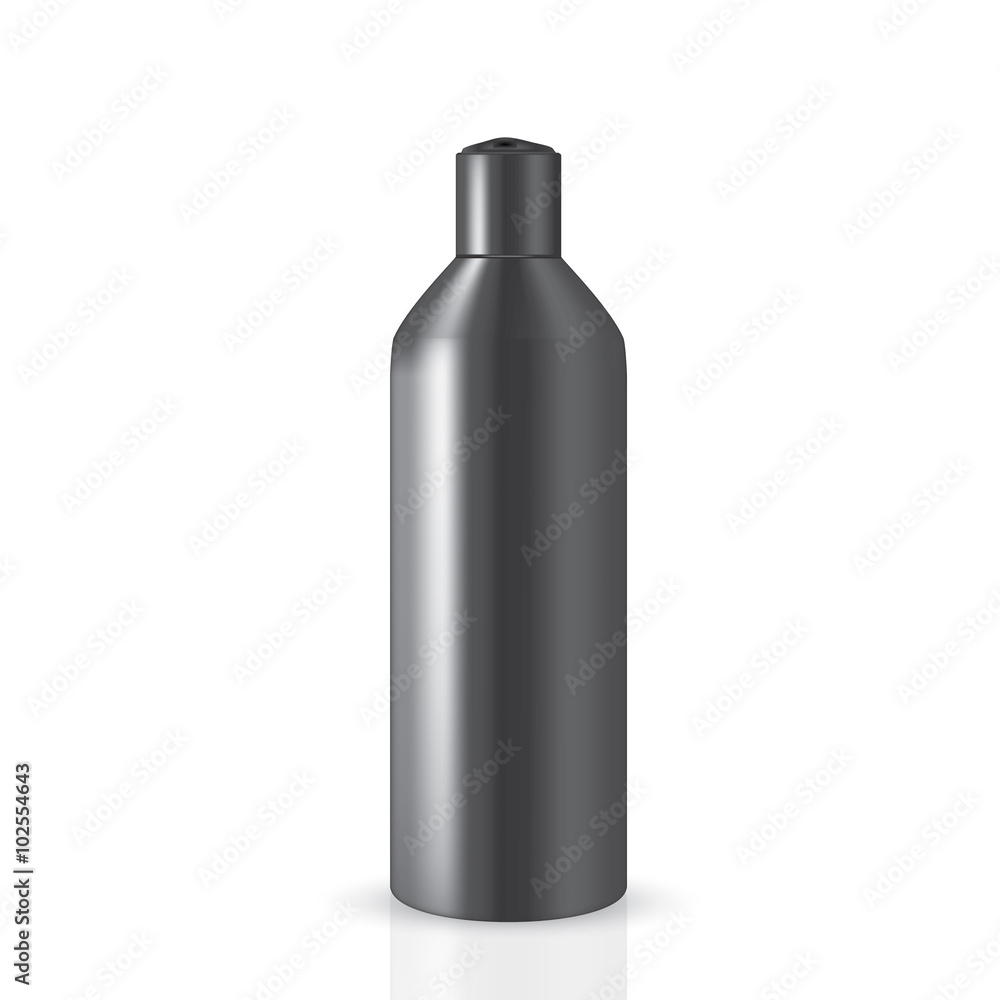 VECTOR PACKAGING: Dark gray tall round bottle with cap press on the top for cosmetic or cologne on isolated white background. Mock-up template ready for design. VECTOR PACKAGING: Dark gray tall round bottle with cap press on the top for cosmetic or cologne on isolated white background. Mock-up template ready for design.
