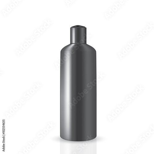 VECTOR PACKAGING: Dark gray tall round bottle with cap press on the top for cosmetic or cologne on isolated white background. Mock-up template ready for design.