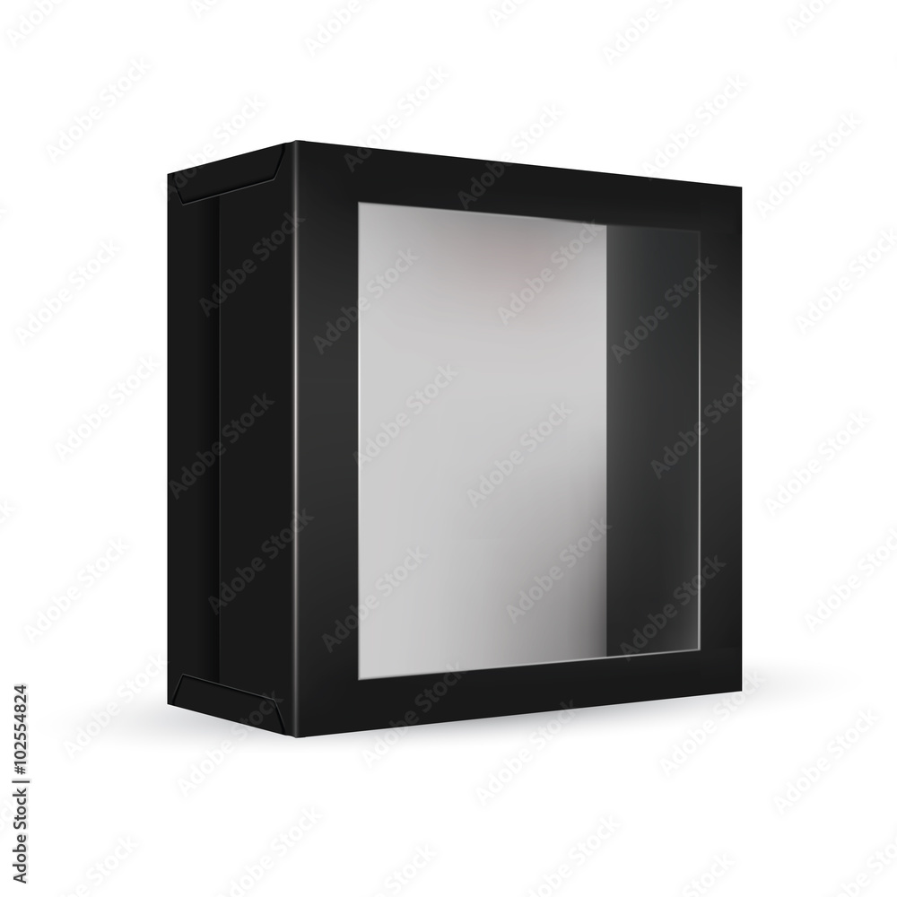 VECTOR PACKAGING: Black package box with front window on isolated white background. Mock-up template ready for design VECTOR PACKAGING: Black package box with front window on isolated white background. Mock-up template ready for design