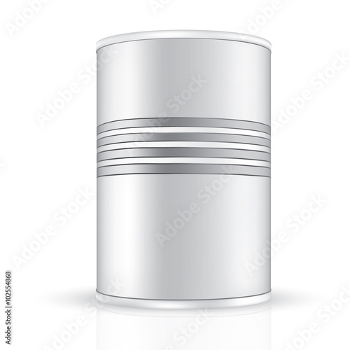 VECTOR PACKAGING: white gray tin round container with design on the body on isolated white background. Mock-up template for design.