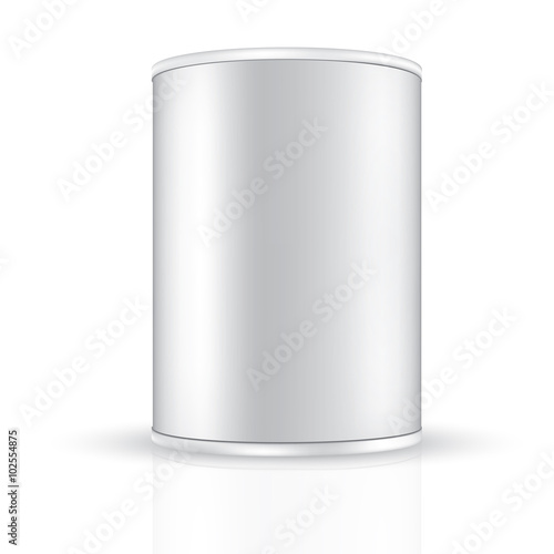 VECTOR PACKAGING: Aluminum tin round container on isolated white background. Mock-up template for design.