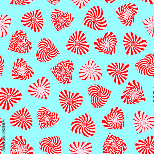 Seamless pattern with peppermint candy stylized as heart symbol. Romantic wallpaper. Happy Valentine's day, wedding, sweet love concept background. Vector illustration