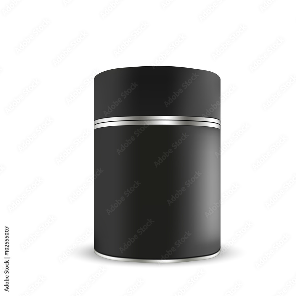 VECTOR PACKAGING: Black tin round container on isolated white background. Mock-up template for design. VECTOR PACKAGING: Black tin round container on isolated white background. Mock-up template for design.