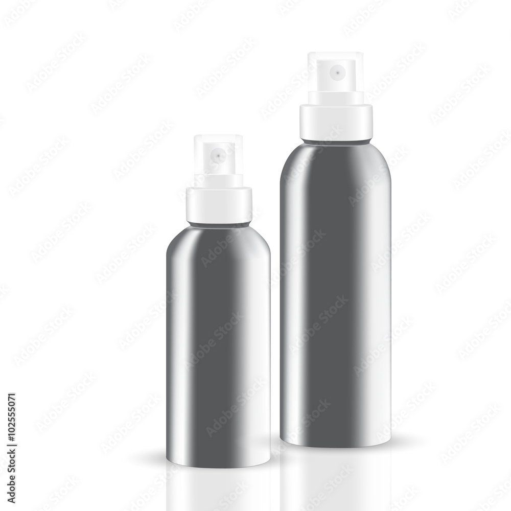 VECTOR PACKAGING: Set of aluminum body round bottle sprayer for cosmetic/perfume on isolated white background. Mock-up template ready for design . VECTOR PACKAGING: Set of aluminum body round bottle sprayer for cosmetic/perfume on isolated white background. Mock-up template ready for design .