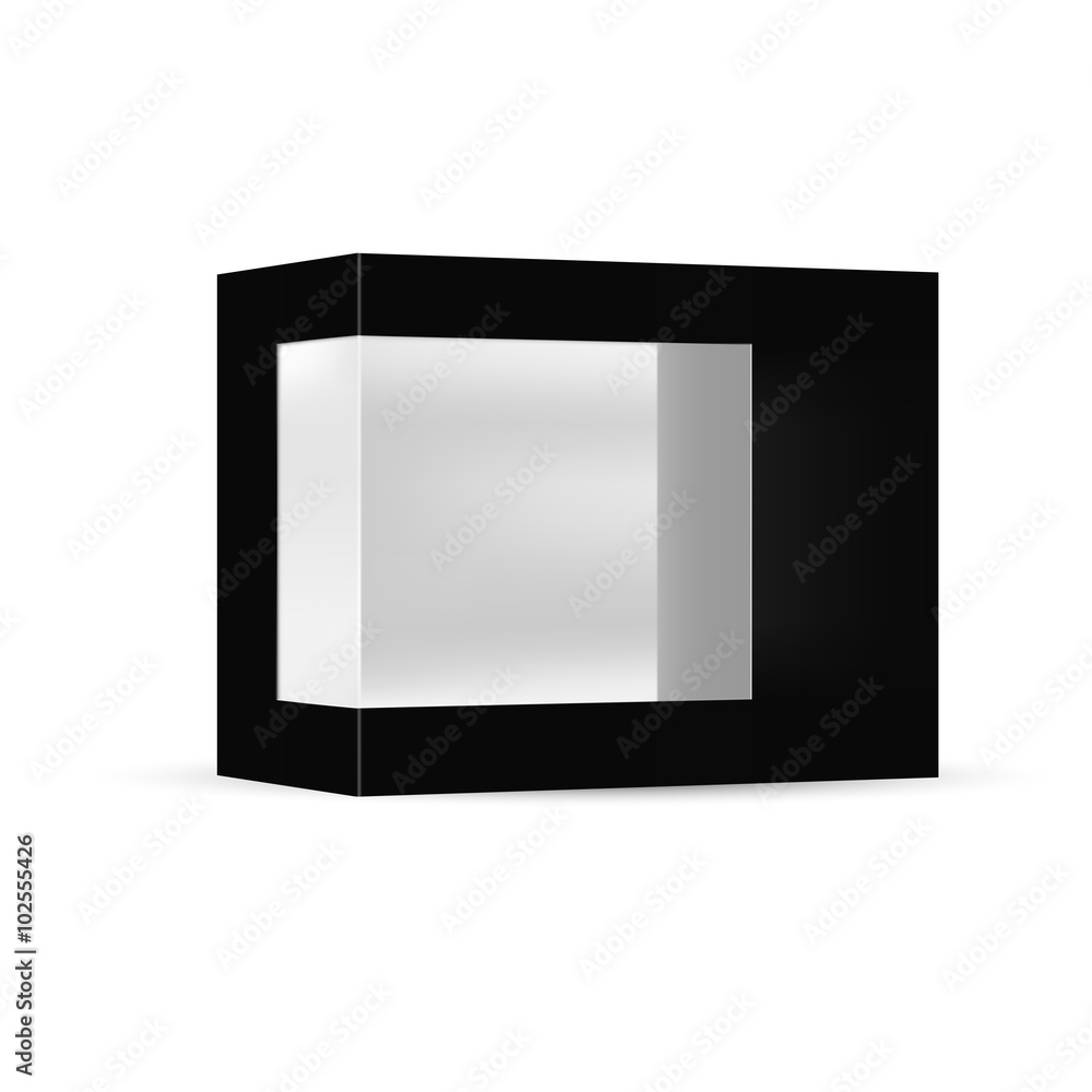 VECTOR PACKAGING: Black packaging box with front plastic window on isolated white background. Mock-up template ready for design. VECTOR PACKAGING: Black packaging box with front plastic window on isolated white background. Mock-up template ready for design.