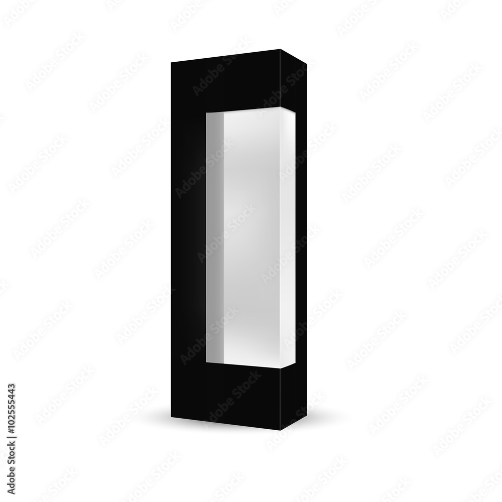 VECTOR PACKAGING: Black tall packaging box with front plastic window on isolated white background. Mock-up template ready for design. VECTOR PACKAGING: Black tall packaging box with front plastic window on isolated white background. Mock-up template ready for design.