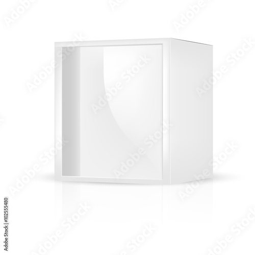 VECTOR PACKAGING: White gray square packaging box with front plastic window on isolated white background. Mock-up template ready for design.