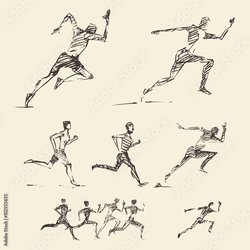 Set drawn running man healthy vector sketch