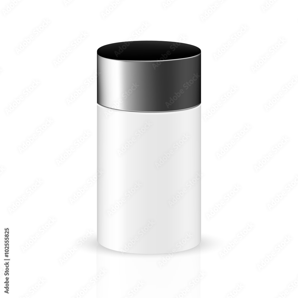 VECTOR PACKAGING: White gray with black lid round container on isolated white background. Mock-up template for design. VECTOR PACKAGING: White gray with black lid round container on isolated white background. Mock-up template for design.