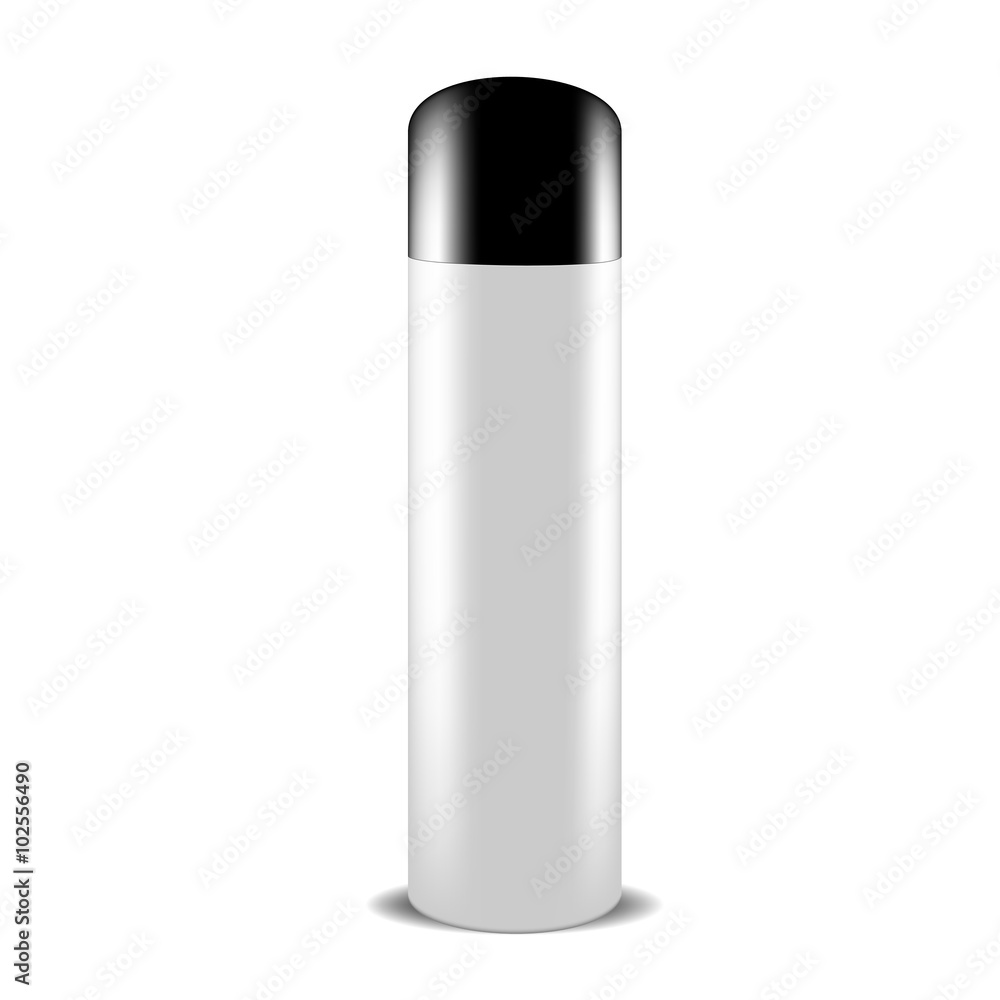 VECTOR PACKAGING: White gray spray can of beauty products or body care with black lid on isolated white background. Mock-up template ready for design.
