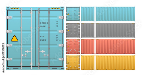 Cargo container vector isolated on white background. Metal box or equipment for storage at dock, port, warehouse. Freight transport by ship, crane, trailer truck for shipping, import export business.