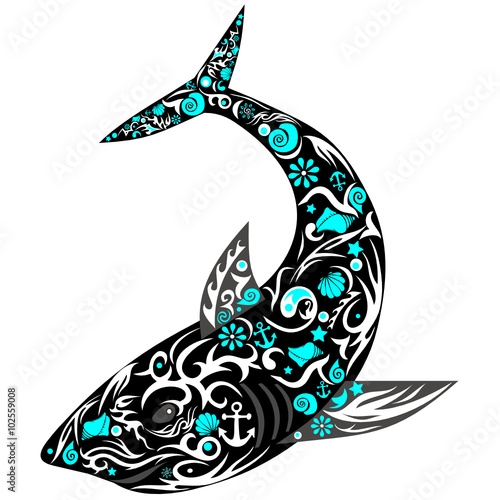 shark with drawing, a sea animal, an illustration of fish, the predator with design, the children's picture, large fish, a vector shark, a pattern from cockleshells and flowers, 