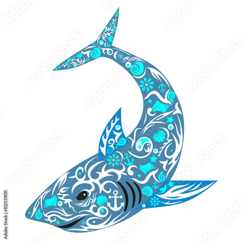 shark with drawing, a sea animal, an illustration of fish, the predator with design, the children's picture, large fish, a vector shark, a pattern from cockleshells and flowers, 