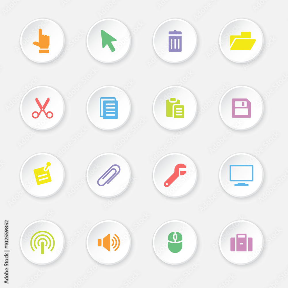 colorful web icon set 3 on white circle button with soft shadow colorful web icon set 3 on white circle button with soft shadow