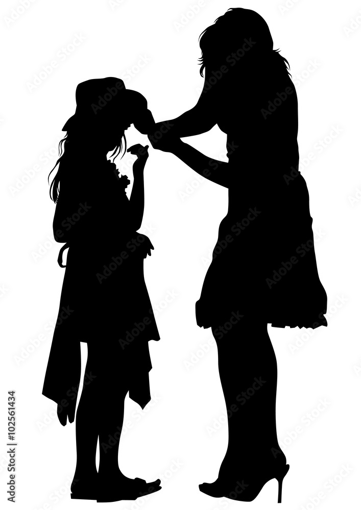 Silhouette of a mother and daughter on white background