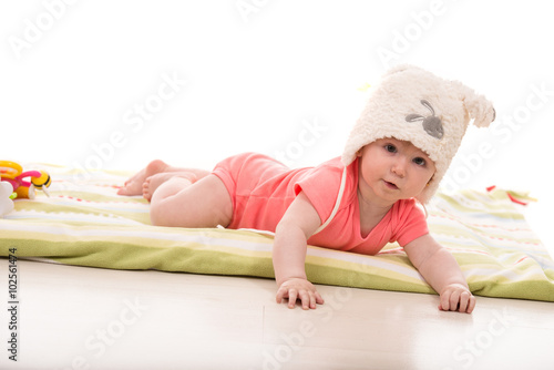 Baby with fluffy bunny hat