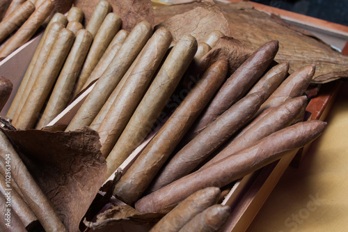 stack of hand made canarian cuban cigars parejos on wooden table