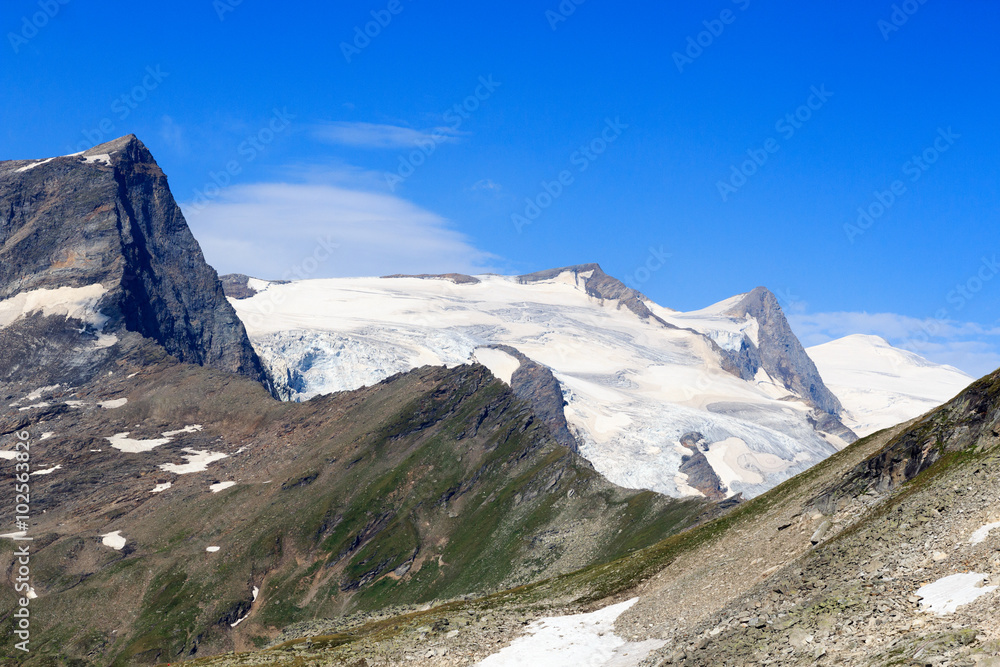 Mountain glacier panorama with summit Großvenediger and Kristallwand in Hohe Tauern Alps, Austria