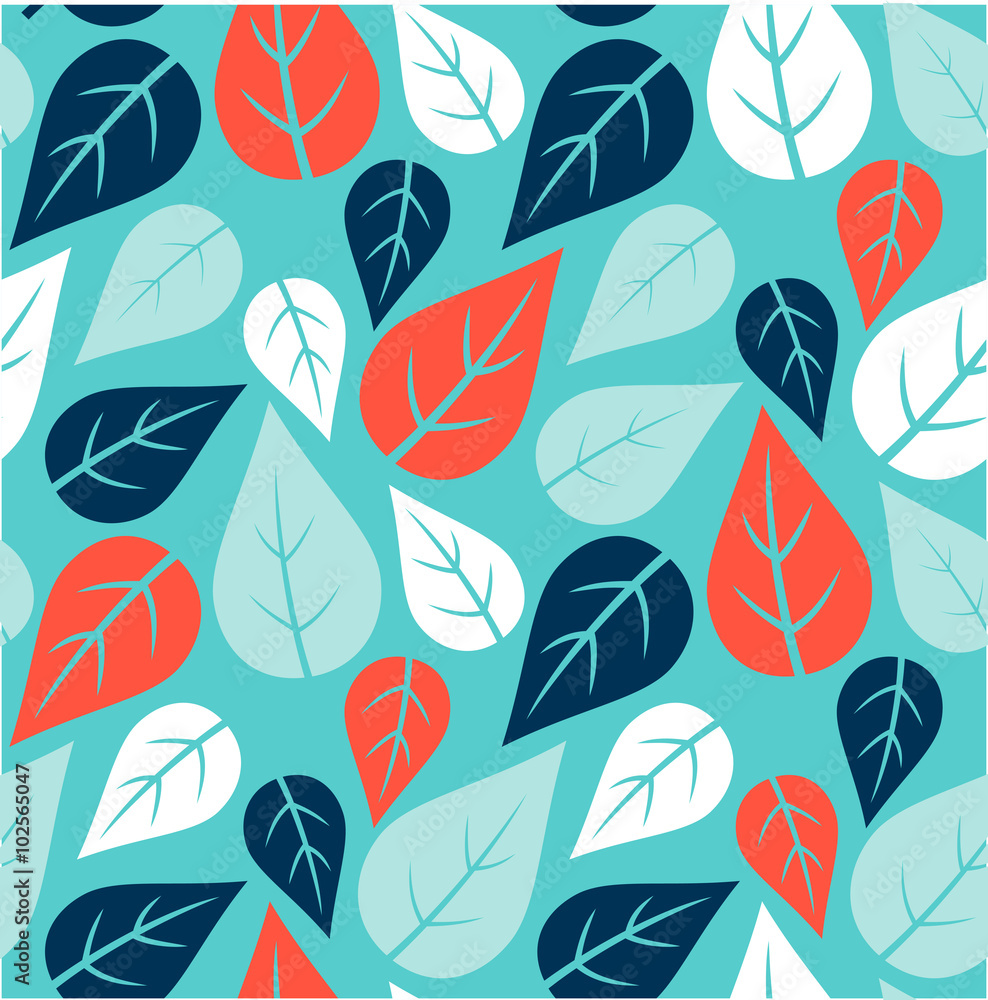 Fototapeta premium Seamless pattern with leaves on blue background. Vector illustration