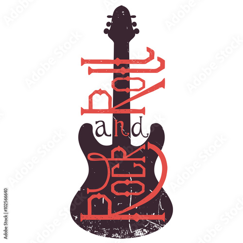 Vintage hand drawn poster with electric guitar and lettering rock and roll on grunge background. Retro vector illustration. Design, retro card, print, t-shirt, postcard