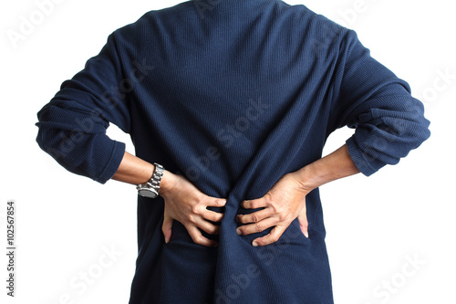 man back pain (hand hold lower back), isolated on white