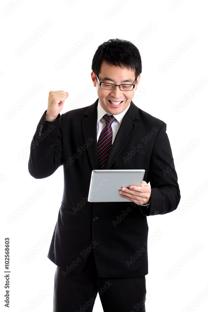 excited businessman looking tablet, isolated on white excited businessman looking tablet, isolated on white
