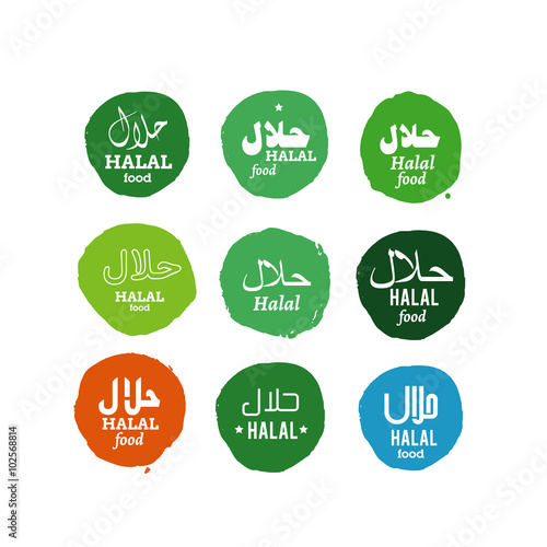 Halal islamic food with text in english and arabic halal set illustration
