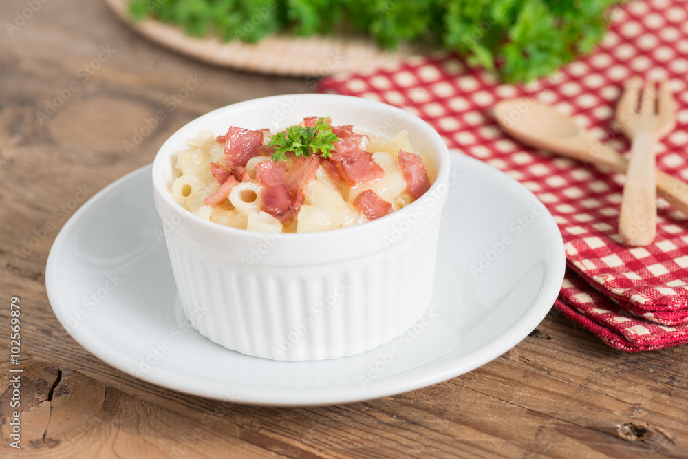 Macaroni and cheese with ham. Selective focus. Macaroni and cheese with ham. Selective focus.