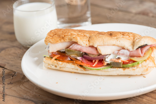 Long sandwich with chicken ham and pork ham on white plate.