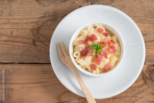 Macaroni and cheese with ham. Top view.