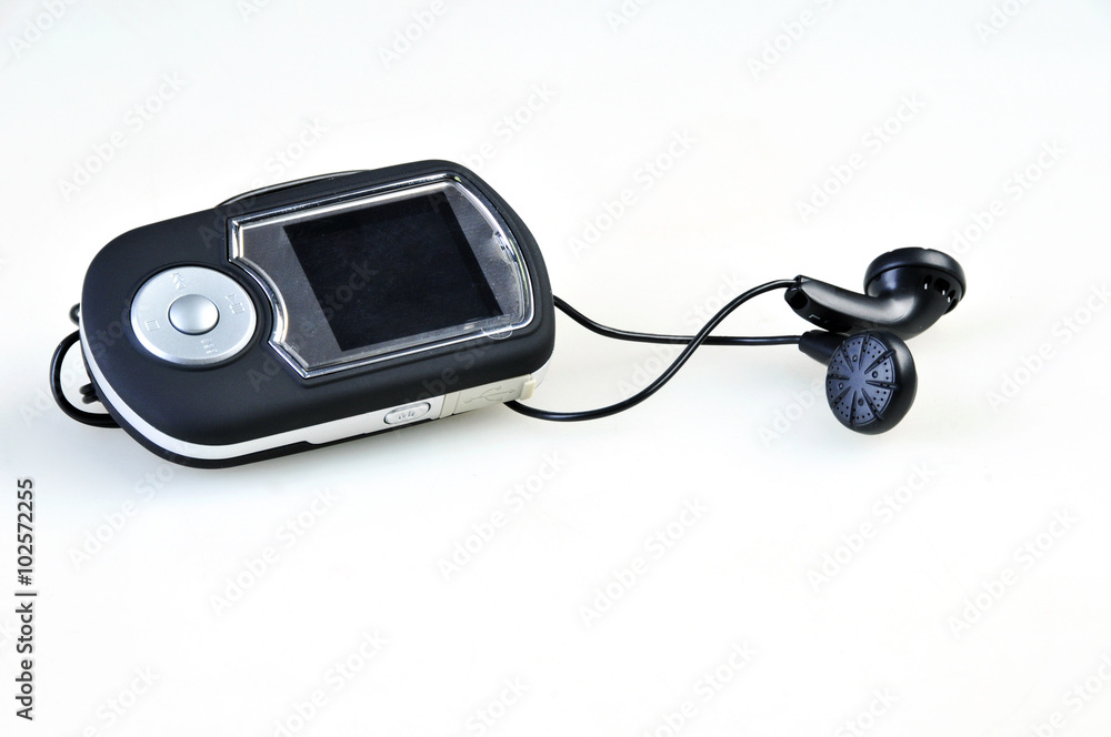 Mp3 player and Black earphones in white background Mp3 player and Black earphones in white background