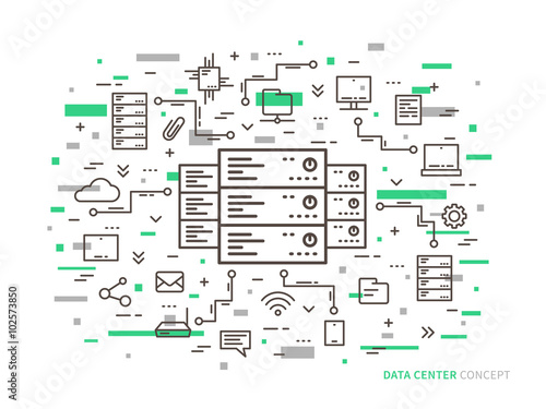 Linear data center (server park, hosting center) vector illustration. Data center (network equipment, hosting storage, database technology) creative concept. 
