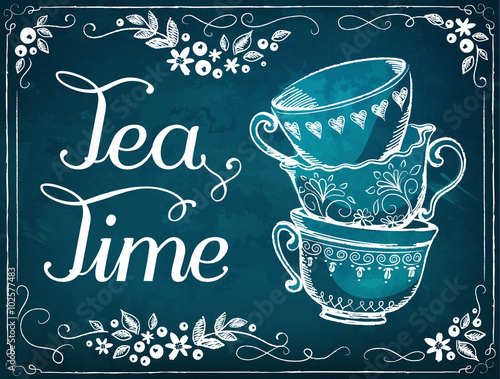 Invitation to the tea party. Retro illustration Tea Time with cute cups