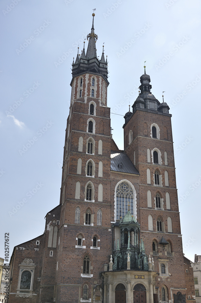 St. Mary's Church built in brick gothic style in the Main Market Square in Kraków, Poland