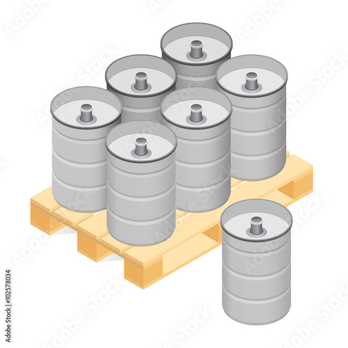 Isometric beer kegs on wooden pallet. Vector