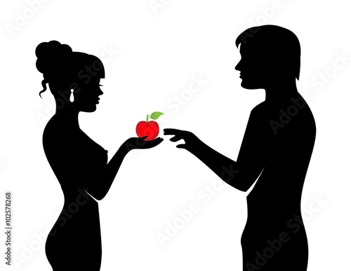 Silhouette outspoken woman holding an apple on palm and hands it to the man

