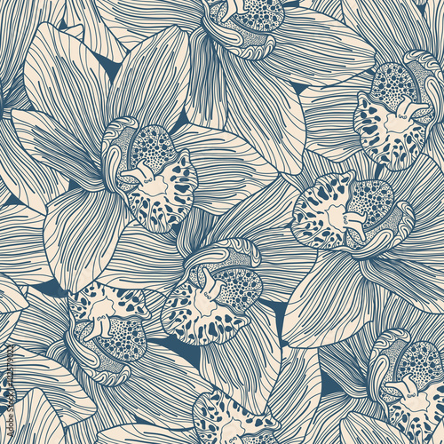 Beige and blue orchid drawing seamless pattern