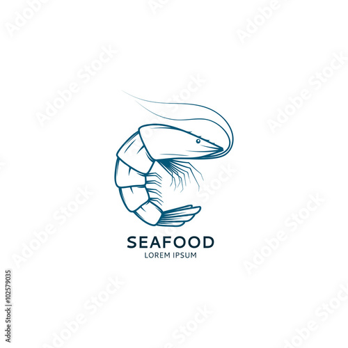 Seafood logo with shrimp. Vector shrimp sketch for your design.