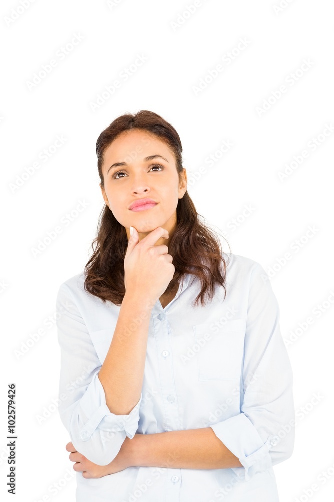 Thoughtful woman with finger on chin Thoughtful woman with finger on chin