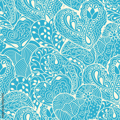 White heart drawing seamless pattern on blue background © Julia Pavlenko