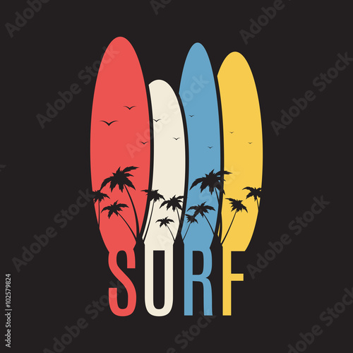 Surf illustration typography. Vector graphics of t-shirts.
