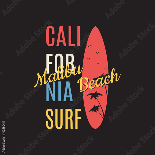 California surf illustration typography. Vector graphics of t-shirts.