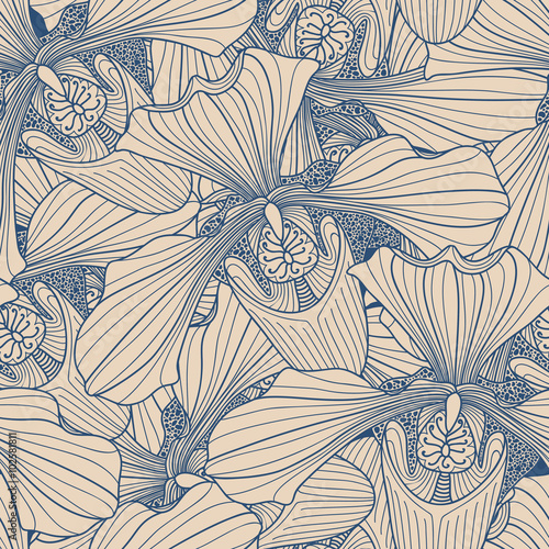 Beige and blue orchid flower seamless pattern