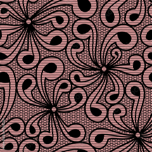 Seamless black floral lace on pink background