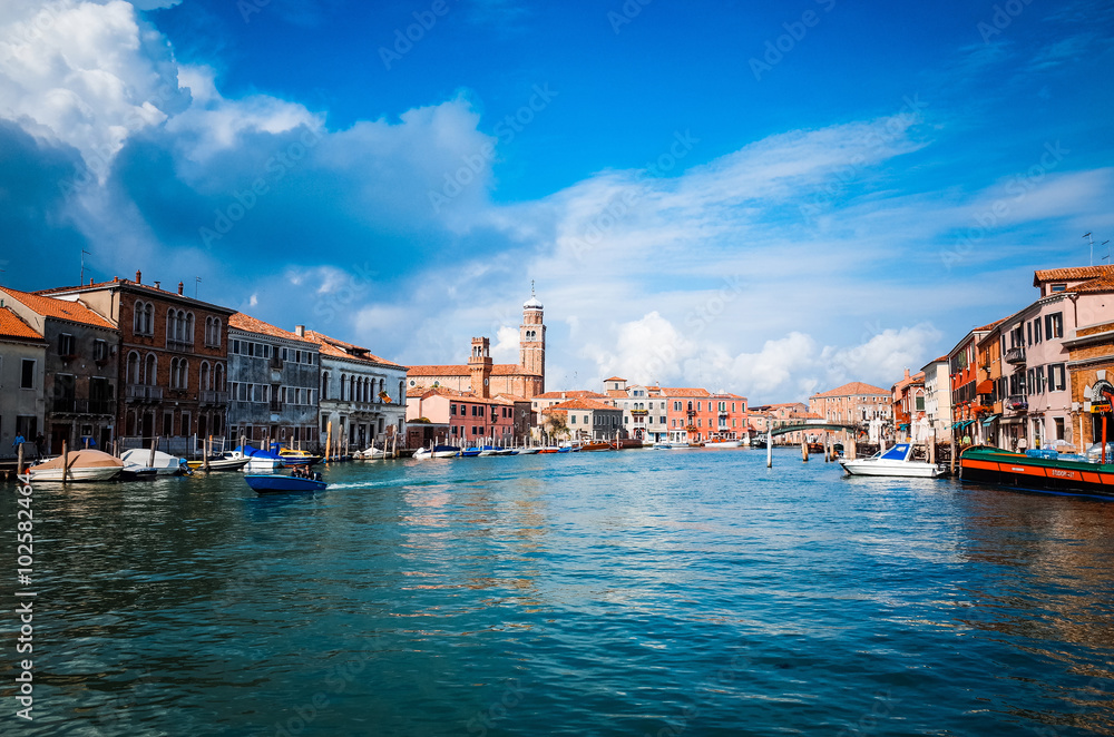 Beautiful view of water street and old buildings in Venice on Ma