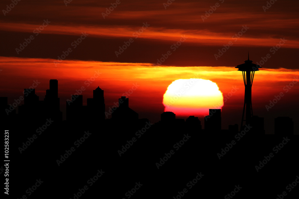 Naklejka premium Seattle skyline at sunset illustration