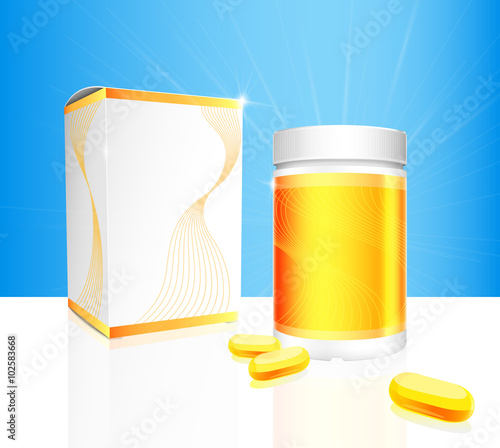 Soft gel capsules with gold and white medical bottle and box packaging on blue background. Vector illustration.